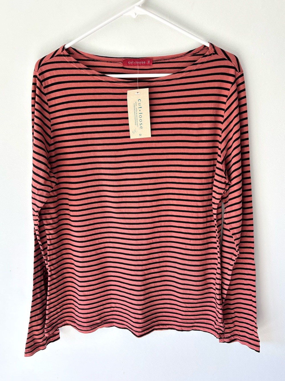 Cut Loose Pink Black Striped Long Sleeve T-shirt Boat Neck Lagenlook